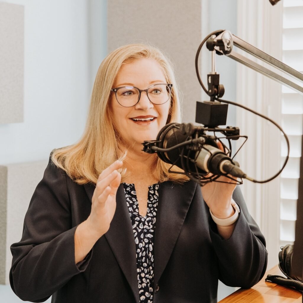 Dr. Bonni Stachowiak recording a podcast